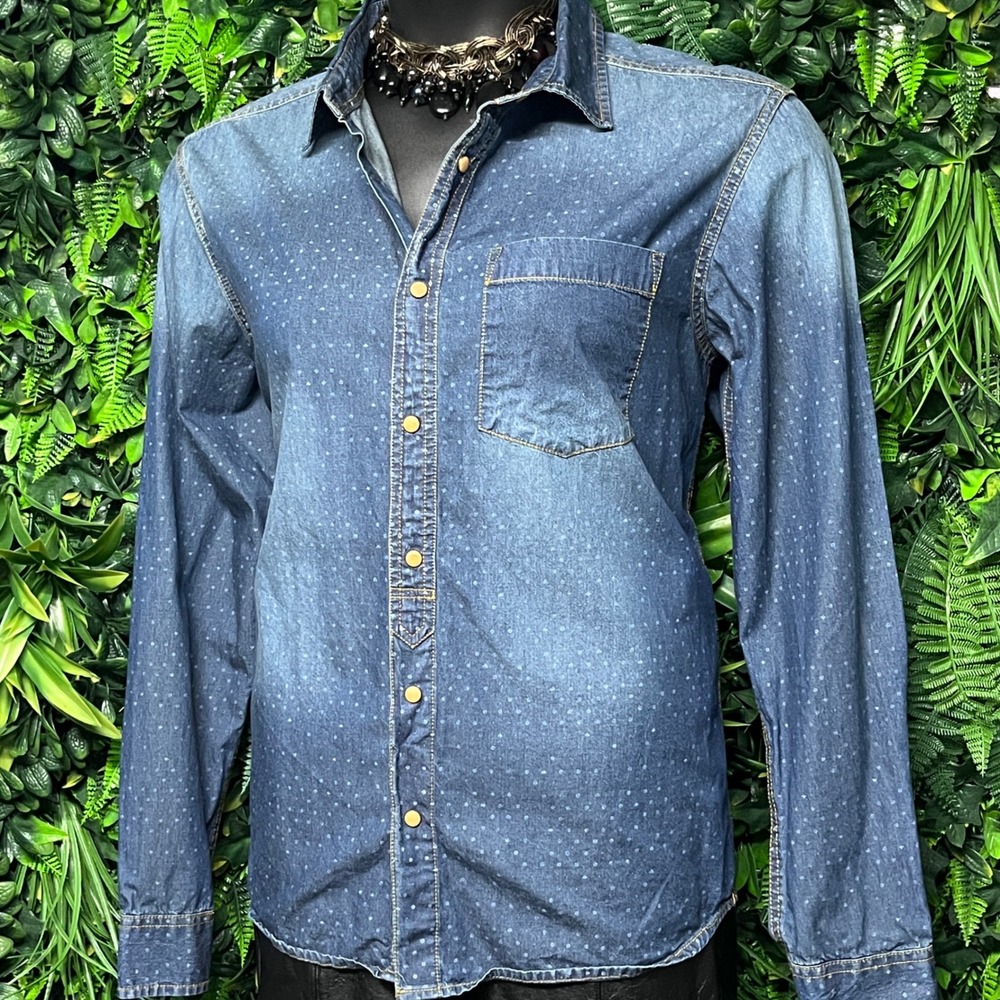 JACHS Denim‎ Shirt Women Size L Blue Polka Dot Long Sleeve Button Front 3528 - Picture 7 of 10